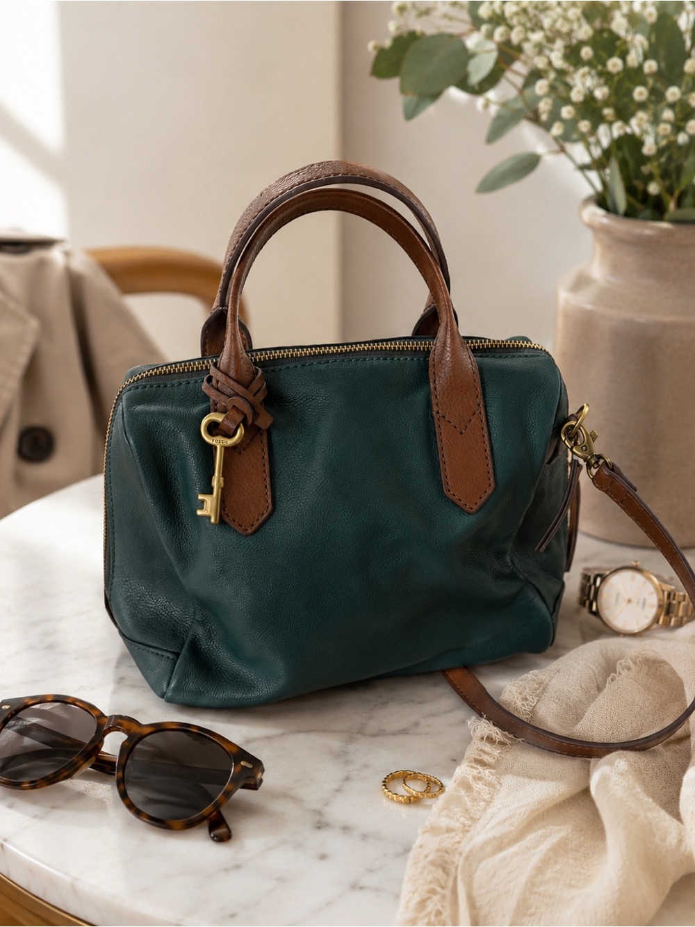 Fossil Teal Green Leather Satchel with Brown Trim